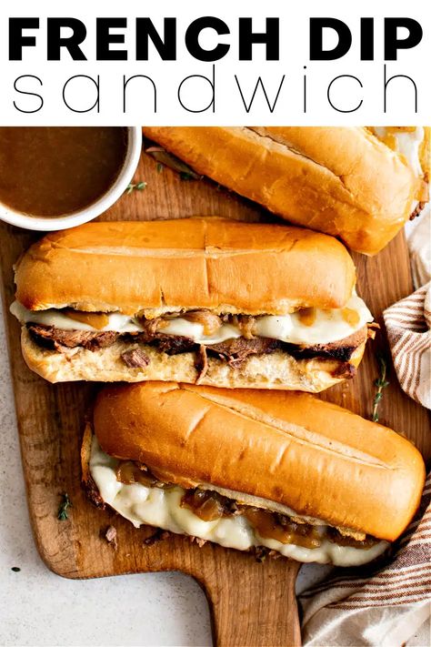 This easy French Dip Sandwich is made with perfectly cooked, melt-in-your-mouth chuck roast served on crusty bread with melty cheese and cooked onions. Dipped in leftover cooking gravy (au jus), it's a simple, comforting classic loaded with amazing flavor! Cooked Onions, French Dip Sandwiches, Dip Sandwiches, Meat Eater, Toast In The Oven, French Dip Sandwich, French Dip, Melty Cheese, Fitness Community