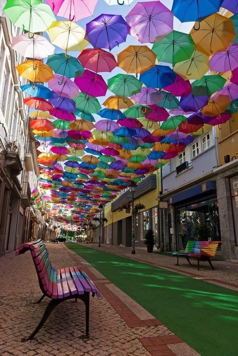 Umbrella Street in Portugal Outdoor Images, Umbrella Street, England Travel Guide, Lijiang, Beautiful Streets, Street Design, England Travel, Beautiful Places To Travel, Pretty Places