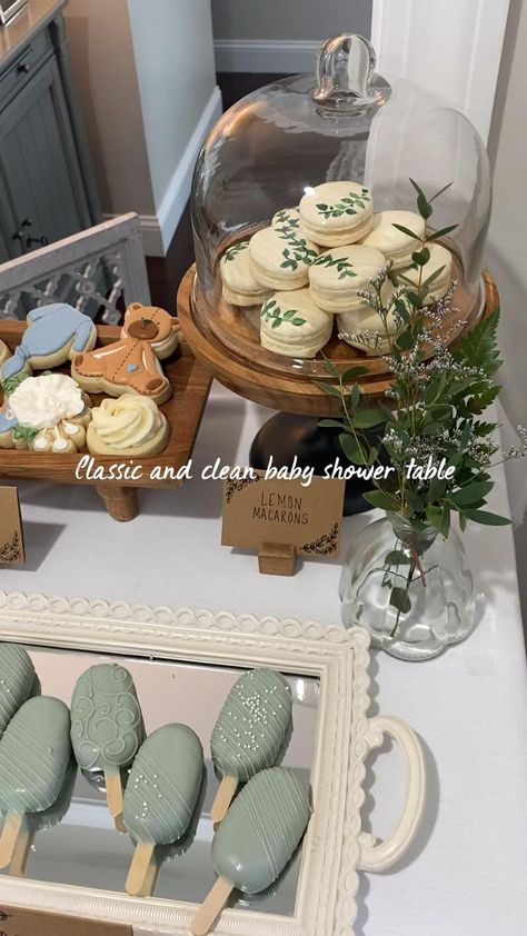 Sage Green Baby Shower, Baby Shower Sweets, Classy Baby Shower, Baby Shower Dessert Table, Baby Shower Theme Decorations, Baby Shower Treats, Baby Shower Deco, Green Baby Shower, Baby Shower Brunch