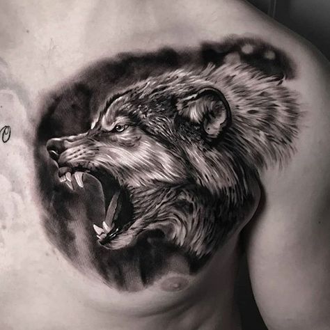 Tattoo Media Ink on Instagram: “Artist and tag by: @andrei_pac_tattoo Post by: @hpygilmore Thanks for tagging @skinart_collectors 🐺 ... #skinartmag #tattoorevuemag…” Finger Tattoos Words, V Tattoo, Wolf Tattoos Men, Lion Head Tattoos, 4 Tattoo, Neck Tattoo For Guys, Wolf Tattoo Design, Chest Tattoo Men, Tattoo Equipment