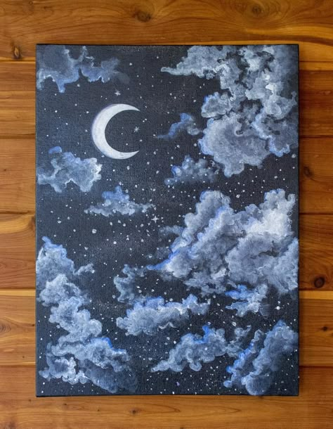 Moon Painting Acrylic, Cloudy Moon, Scenic Wall Art, Cute Canvas Paintings, Moon Painting, Scenic Art, Canvas Painting Diy, Paint Night, Things To Paint