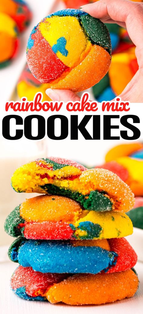 Celebrate your kids with these festive Rainbow Cake Mix Cookies! Super fun to make, these bright & cheerful soft cookies turn any day into a party! #Realhousemoms #rainbow #cakemix #cookies #cakemixcookies #dessert #cookiemonster #backtoschool #birthdayparty #babyshower #christmas Italian Rainbow Cookies, Soft Cookies, Waffle Cake, Rainbow Cookies, Barbie Theme, Cookie Dough Balls, White Cake Mixes, Cake Mix Cookies, Soft Cookie