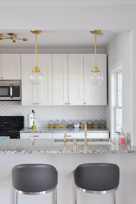 Our Best Renovation Decisions, Part I | FOXY OXIE White And Gold Kitchen, Sink Organization, Kitchen Sink Organization, Kitchen Cabinets Diy, Kitchen Design Diy, Ikea Kitchen Cabinets, Cabinets Diy, Gold Kitchen, Diy Kitchen Island