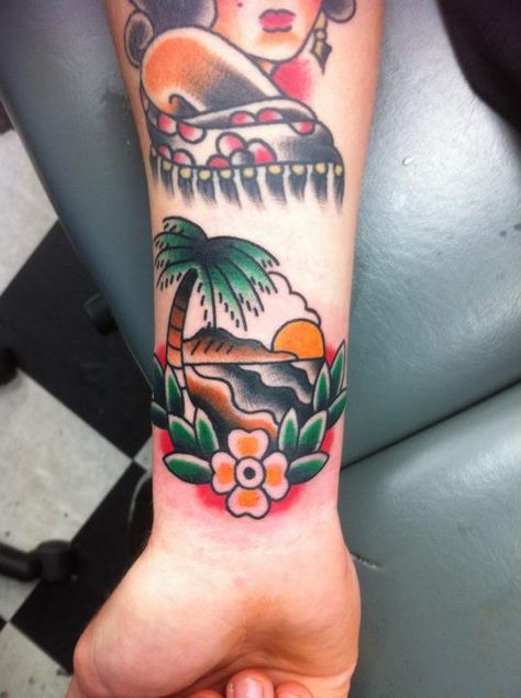 tattoo old school / traditional nautic ink - paradise island / tropical / palm Tropical Tattoo, Hawaii Tattoos, Island Tattoo, Paradise Tattoo, Tattoo Old School, Palm Tree Tattoo, Hawaiian Tattoo, Beach Tattoo, Tatuaje A Color