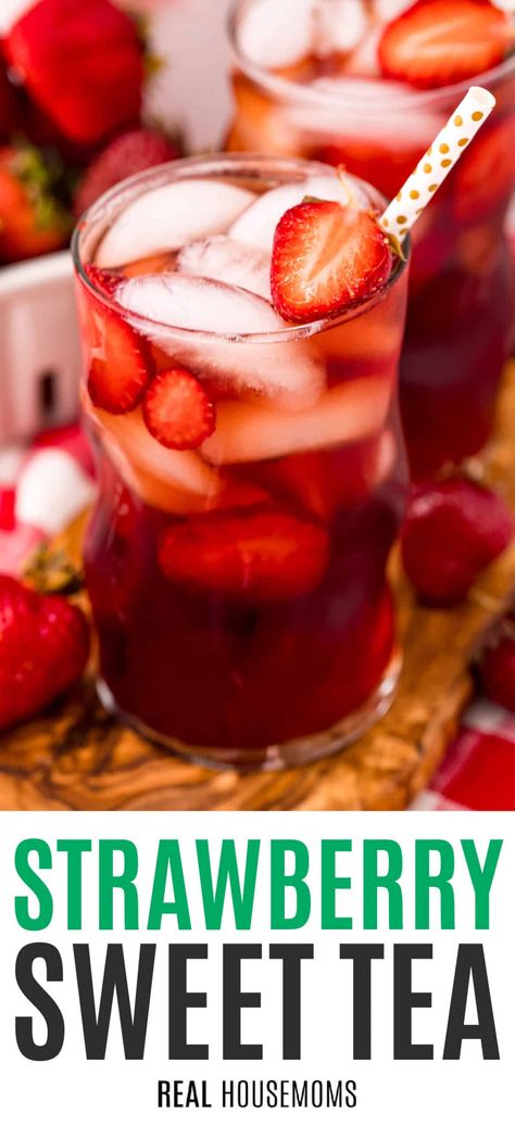 This beautiful Strawberry Sweet Tea is deliciously sweet and the perfect refresher to sip on outside during warm summer days! #Realhousemoms #sweettea #strawberry #refresh #summertime #laborday #4thofjuly #cookout #drinks Strawberry Sweet Tea, Cookout Drinks, Iced Tea Lemonade, Chilled Desserts, Peach Ice Tea, Iced Tea Recipes, Shakes Drinks, Strawberry Syrup, Fruity Drinks