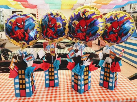 Spider Man Birthday Party Centerpieces, Spiderman Birthday Party Centerpieces, Spider Man Table Center Piece, Spidey Centerpieces, Spider Man Centerpieces Birthdays, Spiderman Centerpiece Ideas, Spider Man Centerpieces, Spiderman Centerpieces, Mens Birthday Party Centerpieces