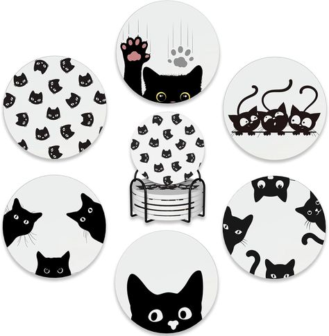 Amazon.com: Drink Coasters Set of 6 with Holder,Cute Black Cat Absorbent Ceramic Coasters with Cork Base,Fit All Cups,Tabletop Protection Mat for Mugs and Cups,Office,Kitchen : Home & Kitchen Coffee Coaster Ideas, Coaster Art Paint, Easy Coaster Painting, Ceramic Coaster Painting Ideas, Painting Coasters Ideas, Polymer Clay Coasters, Coaster Painting, Painted Coasters, Holiday Coasters