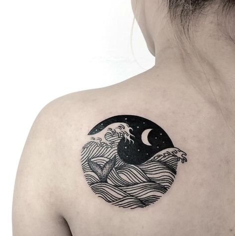 Source: wolfandwren Heart Of Gold Tattoo, Tattoo Wave, Negative Space Tattoo, Wave Tattoo Design, Tattoo Concepts, Circle Tattoos, Dot Tattoos, Ocean Tattoos, Moon Tattoo Designs