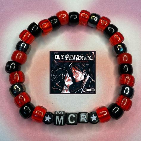 Rock Band Bracelets, Mcr Kandi Bracelets, Fall Out Boy Bracelet Ideas, My Chemical Romance Bracelet, Movie Bracelet Ideas, Mcr Bracelet Ideas, Band Kandi Bracelets, Kandi Singles Ideas Emo, Cavetown Bracelets