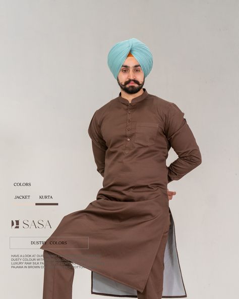 Arsh patiala Have a look at our trendy collection of jacket of dusty colour with multi colour embroidery with luxury raw silk fabric with contrast colour kurta & pajama in brown colour with rich cotton fabric. Turban Colors Punjabi, Turban Colour, Gents Kurta, Kurta Men, Guru Pics, Raw Silk Fabric, Kurta Pajama, Brown Colour, Brown Pants