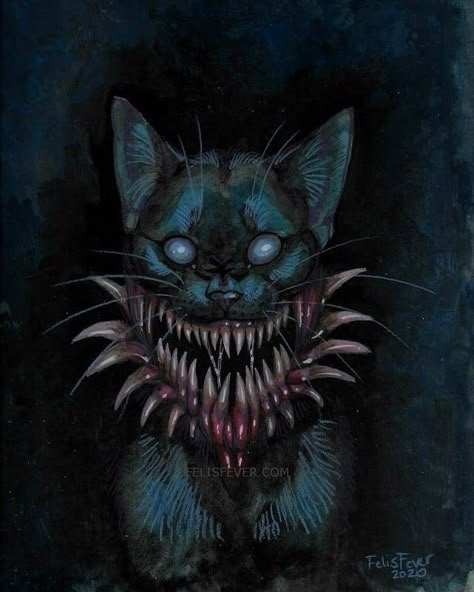 Scary Snake Art, Scary Cat Art, Cat Horror Art, Creepy Cat Drawing, Scary Cat Drawing, Horror Artwork Creepy Dark Art, Three Headed Cat, Creepy Cat Art, Evil Cats