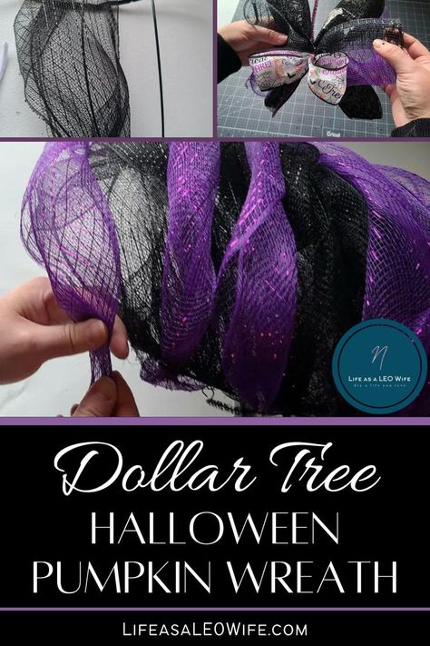 Making a Halloween wreath using black & purple deco mesh & a Dollar Tree pumpkin wreath form. Diy Pumpkin Wire Wreath, Dollar Tree Metal Pumpkin Wreath, Halloween Mesh Wreaths Dollar Tree, Mesh Pumpkin Wreath Diy, Halloween Mesh Wreaths Diy, How To Make A Mesh Wreath, How To Make A Halloween Wreath, Diy Halloween Wreath Dollar Tree, Dollar Tree Halloween Wreath Diy