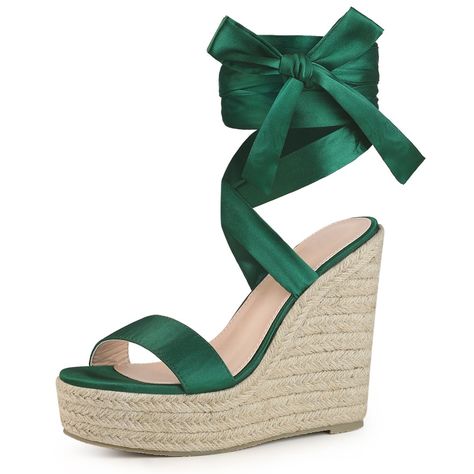 Looking for a versatile and stylish pair of shoes to add to your wardrobe? Look no further than these wedges! Featuring a trendy lace-up design and an espadrille platform heel, these wedges are perfect for adding a touch of comfort and style to your everyday look. Made with a satin upper and a TPR outsole, these sandals are both durable and comfortable, making them ideal for all-day wear. With a heel height of 5.3 inches and a platform height of 1.8 inches, these wedges are sure to give you the Shoes With Straps, Lace Up Espadrille Wedges, Ankle Tie Espadrilles, Lace Up Wedge Sandals, Tights Shorts, Green Wedges, Dresses To Make, Tie Up Sandals, Lace Up Espadrilles