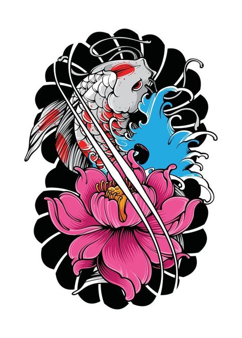 Koi Fish with Japanese Wave and Flowers Tattoo Japanese Illustration Style Isolated Vector. Editable Layer and Color. Japanese Koi Fish Tattoo, Tattoo Catalog, Japanese Flower Tattoo, Tattoo Japanese, Japanese Wave, Koi Art, Japanese Water, Scorpion Tattoo, Koi Fish Tattoo