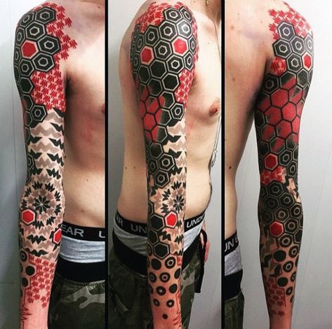 Red And Black Ink Hexagon Geometric Sleeve Mens Unique Tattoo Ideas Tatuaje Trash Polka, Black Sleeve Tattoo, Tatoo 3d, Trash Polka Tattoo Designs, Tattoo Style Art, Tattoo Diy, Geometric Sleeve Tattoo, Tato Lengan, Full Sleeve Tattoo Design