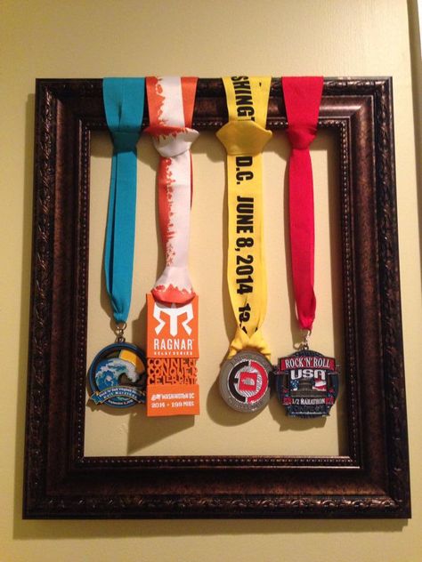 Medal Display Ideas Diy, Diy Medal Display, Hanging Medals, Race Medal Displays, Sports Medal Display, Medals Display, Running Medal Display, Medal Displays, Trophy Display