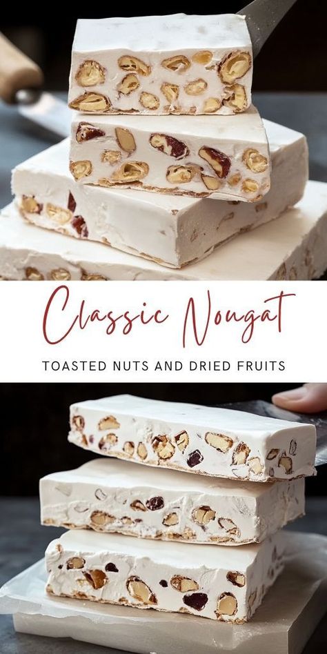 Classic Nougat Recipe Ingredients: 600g (21 oz) Toasted Nuts and Dried Fruits (e.g., almonds, hazelnuts, chopped apricots, cranberries) 300g (10.5 oz) Sugar 75ml (2.5 oz) Water 300g (10.5 oz) Honey 2 Egg Whites 50g (1.75 oz) Glucose Syrup #Nougat #Dessert Almond Nougat Recipe, Nougat Recipe, Christmas Candy Recipes, Homemade Sweets, Candy Recipes Homemade, Nut Recipes, Candy Desserts, Homemade Candies, Recipe Ingredients