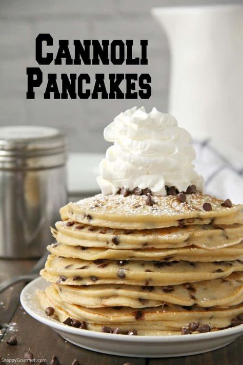 Cannoli Pancakes, easy homemade pancakes full of chocolate chips, ricotta, orange, and cinnamon! These delicious pancakes from scratch are so easy to make and perfect for Mother's Day, brunch or breakfast, or even National Pancake Day! #SnappyGourmet #Brunch #Pancakes #Italian #Cannoli #Breakfast #Recipes #Yummy Cannoli Pancakes, Pancakes Oatmeal, Brunch Pancakes, Italian Cannoli, Easy Homemade Pancakes, Orange And Cinnamon, Homemade Pancake Recipe, Delicious Pancakes, Pancakes From Scratch