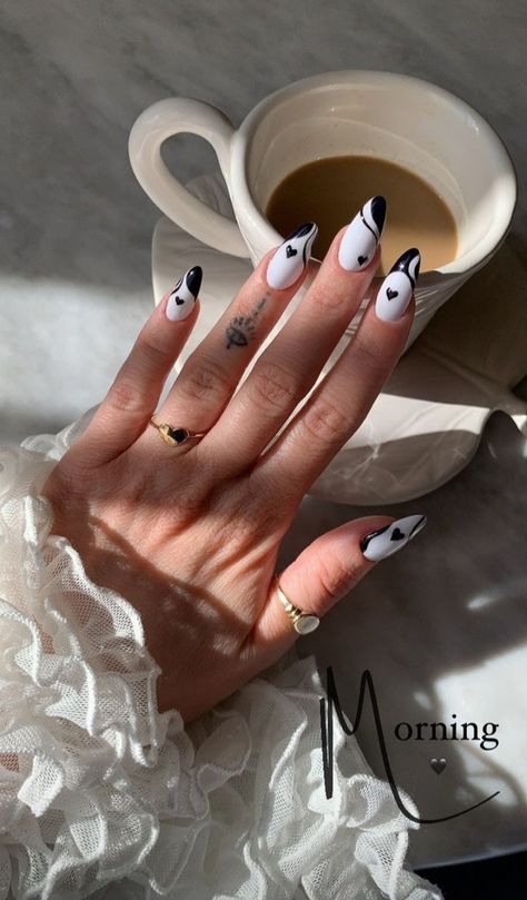 white and black nails ¦ @artfriendlyclub on ig highlight " 22 " Black And White Abstract Nails, White And Black Nails, Ig Highlight, Black And White Abstract, Black Nails, Almond Nails, White Nails, Nail Inspo, White And Black