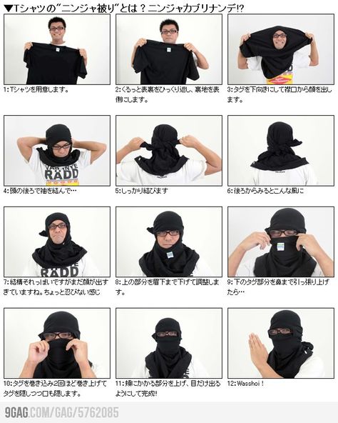 How to turn your t-shirt into a ninja mask. XD not something i would do but haha, i guess if you're totally desperate? Masks Kids, Arab Scarf, Ninja Mask, The Mask Costume, Ninjago Birthday, Ninja Birthday, Ninja Party, Tactical Clothing, Diy Mask