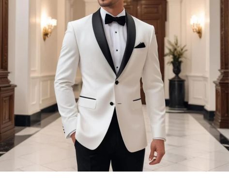 Ivory And Black Tuxedo Wedding, Groom Suit Black And White, Groom Attire Black And White, White And Black Wedding Suit, White Tux For Groom, White Tuxedo For Men Wedding, White Tux Groom, Marriage Suit, Groom Attire Black