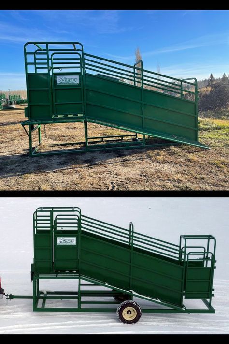 Two photos, Feed Lot Loading Chutes are designed to load animals into a cattle liner. Portable or Stationary available. 13' ramp with 5' of deck, both have a blocker door entries, built in catwalk. Cattle Loading Chute, Livestock Trailers, Barn Ideas, Goat Farming, Goats, Trailer, Animals