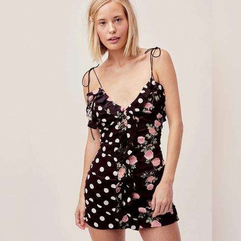 Nwt For Love & Lemons Mochi Shirred Mini Dress Size Xs. Zip Back, Floral And Dot Pattern, Ruffle Accents, Adjustable Tie Straps. Romantic Floral Print, Lemon Dress, For Love & Lemons, Patchwork Dress, For Love And Lemons, Floral Mini Dress, Mochi, For Love, Dresses Xs