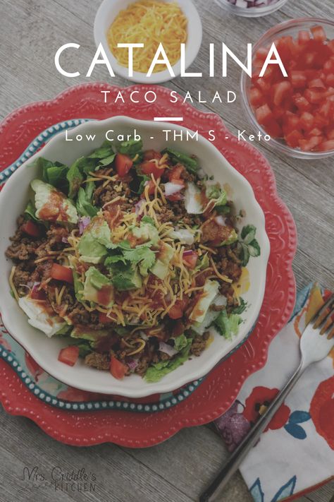 Catalina Taco Salad- my low carb take on this classic Frito Taco Salad with Catalina Dressing. Recipes With Catalina Dressing, Taco Pasta Salad Recipes, Taco Salad With Catalina Dressing, Catalina Salad, Frito Taco Salad, Low Carb Taco Salad, Catalina Dressing, Taco Pasta Salad, Trim Healthy Recipes