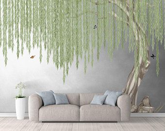 Willow Tree Wallpaper, Vintage Bird Wallpaper, Bird Mural, Tree Wallpaper Mural, Japan Interior, Weeping Willow Tree, Tree Wall Murals, Tree Mural, Nursery Mural