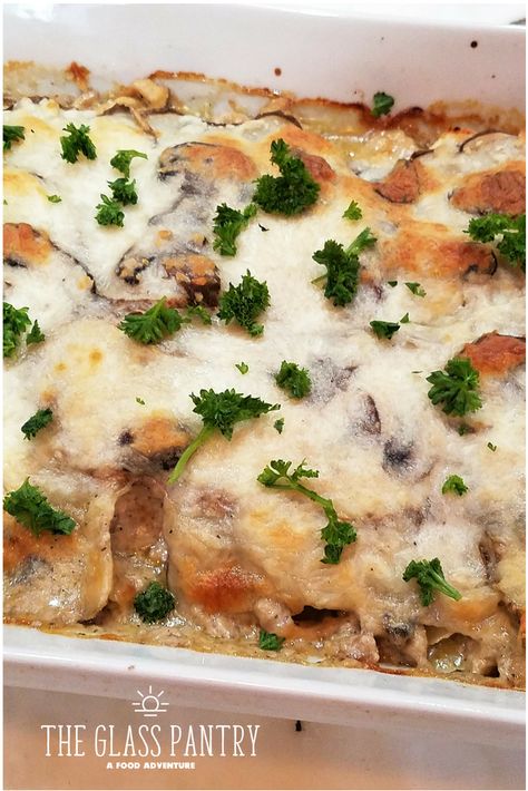 Parsnip Potato Bake with Creamy Mushroom Sauce and Chicken | vegetable sheet cutter recipe | Creamy Mushroom Sauce Sheet Recipes, Veggie Bake, Glass Pantry, Chicken Vegetable, Potato Bake, Baked Veggies, Kitchenaid Mixer, Creamy Mushroom Sauce, Meatless Mondays