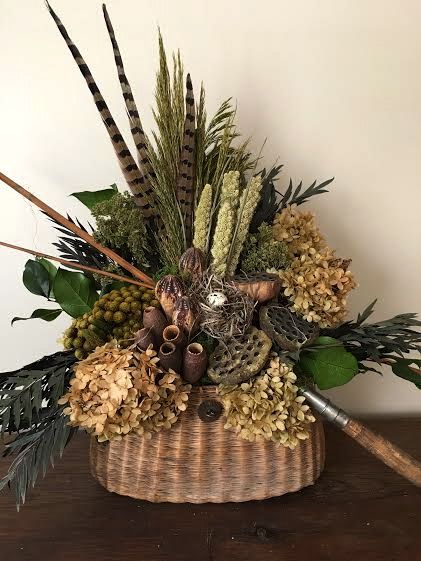 Decorating With Pheasants, Fishing Themed Floral Arrangements, Fishing Floral Arrangements, Masculine Flower Arrangements Men, Cattail Flower Arrangement, Celebration Of Life Floral Arrangements, Fishing Decorations, Woodsy Floral Arrangements, Silk Flower Arrangements For Home