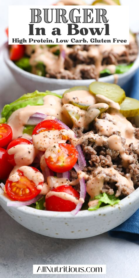 Healthy Burger in a Bowl High Protein Meals With Hamburger, Burger In A Bowl Recipe, Low Carb Burger Bowl, Macro Bowl Ideas, Hamburger Bowl Recipes, Hamburger In A Bowl, Burger Bowls Recipe, Healthy Burger Bowl, Macro Planning