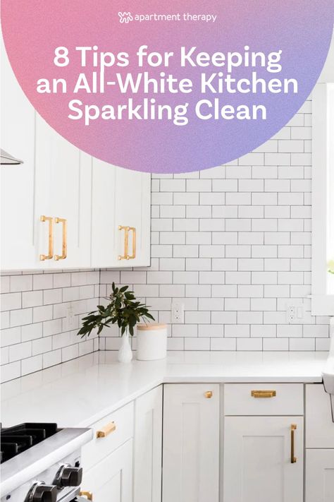 Once you resolve to clean your white surfaces, it can be tough to know where to start. What are the best tools, products, and techniques for keeping all-white kitchens as bright as they started? Kitchen White Cabinets, White Kitchen Cupboards, White Kitchens, Bright Apartment, White Backsplash, Kitchen White, White Clothes, All White Kitchen, Cleaning Companies