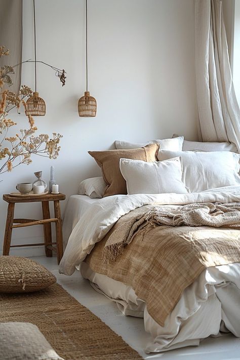 29 Scandi Boho Bedroom Ideas to Elevate Your Bedroom Aesthetic - My Elegant Home Bohemian Scandinavian Bedroom, Small Scandi Bedroom, Boho Beige Bedroom, Cream Boho Bedroom, Scandi Boho Bedroom, Scandinavian Bedroom Nordic, Nordic Bedroom Ideas, Neutral Boho Bedroom, Scandinavian Bedroom Ideas