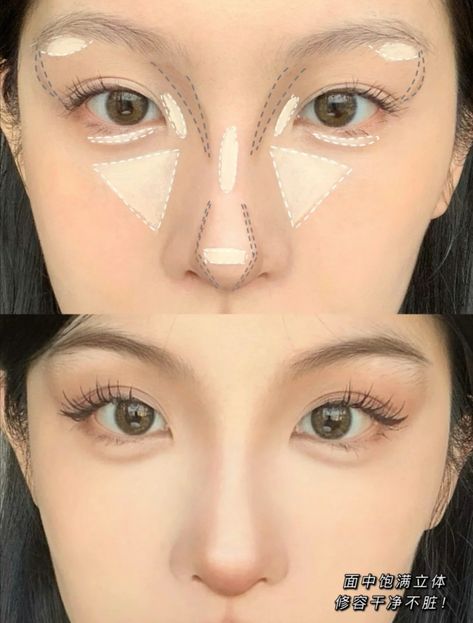 Douyin Makeup Tutorial Contour, Korean Makeup Contour, Gyaru Make Up Tutorial, Korean Douyin Makeup, Sharp Nose Contour, Korean Makeup Tutorials Eyes, Makeup For Bunny Face Type, Almond Nails Douyin, Concealer Placement Korean