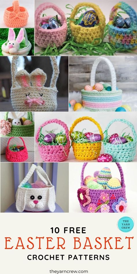 Small Crochet Baskets Free Patterns, Easy Crochet Easter Basket Free Pattern, Crocheted Easter Baskets, Crochet Easter Baskets, Easter Basket Crochet Patterns Free, Free Crochet Easter Basket Patterns, Easter Crochet Patterns Free Easy, Easter Crochet Ideas, Yarn Easter Basket