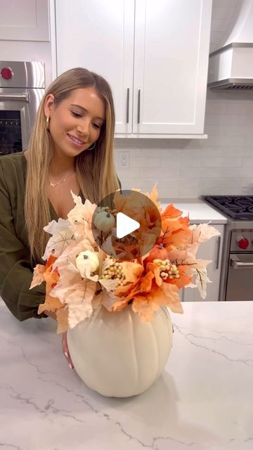 Mercedes Gonzalez Mayo on Instagram: "DIY Pumpkin Vase!!🎃🌻 I make this arrangement every year! All you need is a hollow pumpkin (got mine at Michael’s), a glass, a pen, a knife, and faux or real florals - I got all my florals at the dollar tree!! Super easy DIY that looks so expensive😍 #diypumpkinvase #falldecor" Mercedes Gonzalez, Pumpkin Vase, Dollar Tree Hacks, Fall Flower Arrangements, Pumpkin Flower, Diy Pumpkin, Country Crafts, Fall Halloween Decor, Instagram Diy