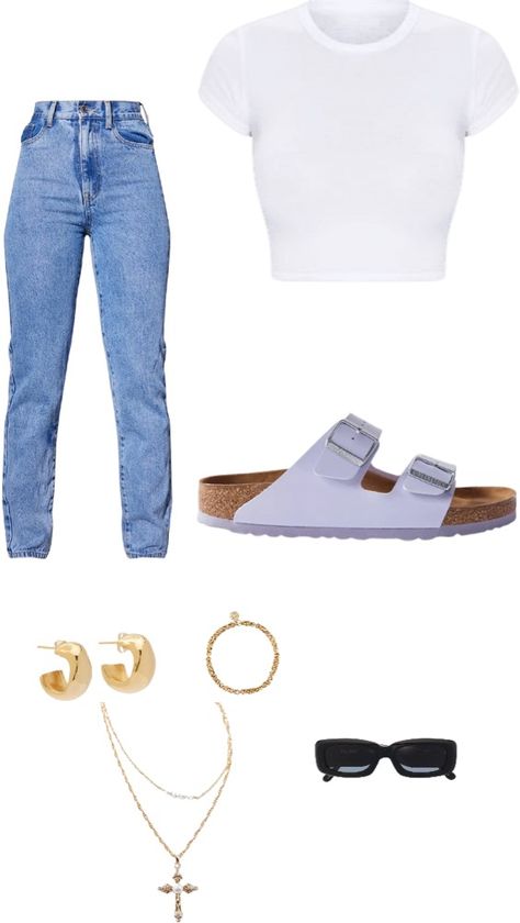 Off White Slides Outfit, Outfits With Sandals And Jeans, White Birkenstock Outfit, Cute First Day Of School Outfits, Cute Outfits With Birkenstocks, Outfits With Birkenstocks, White Sandals Outfit, Cropped Tee Outfit, Loafers Outfits