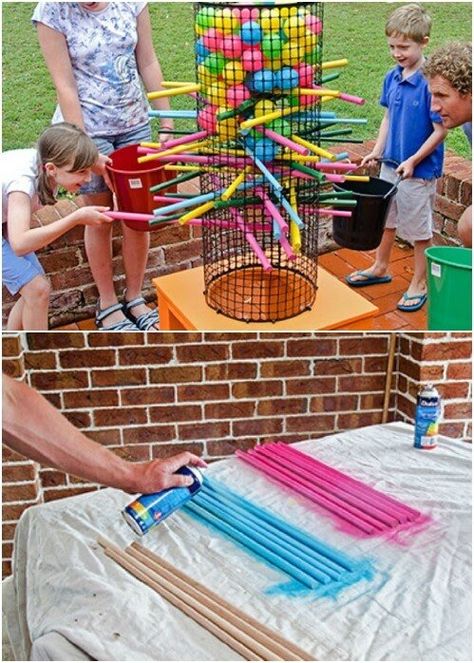 Plastic Ball “Jenga Tower” Outside Games, Outdoor Play Area, Trendy Diy, Games Kids, Yard Games, Backyard Games, Carnival Games, Diy Yard, Diy Games