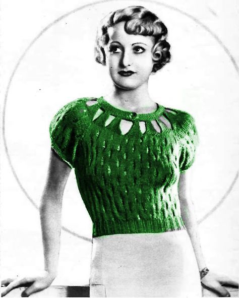 The Vintage Pattern Files: 1930's Lace Jumper, Jumper Knitting Pattern, Vintage Knitwear, Vintage Jumper, Crochet Vintage, Vintage Knitting Patterns, Moss Stitch, 1930s Fashion, Fur Fabrics