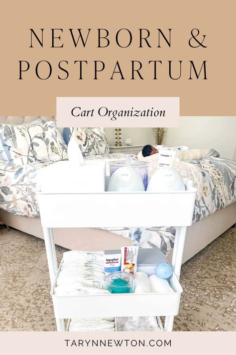 Bedside Table Postpartum, Bedside Caddy For Baby, Newborn Caddy Essentials, Post Partum Bedside Cart, Post Partum Carts, Bedside Cart For Newborn, Newborn Nightstand Essentials, Bedside Postpartum Basket, Pumping Cart Ideas