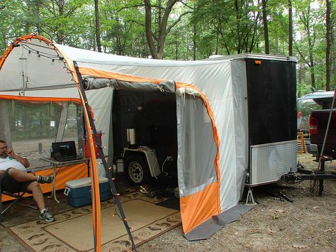 camping with a cargo trailer-screen tent addition-just an image-plus dozens of other vintage trailers Enclosed Trailer Camper Conversion, Enclosed Trailer Camper, Cargo Trailer Camper Conversion, Cargo Trailer Conversion, Trailer Conversion, Cargo Trailer Camper, Enclosed Trailer, Fifth Wheel Trailers, Enclosed Trailers