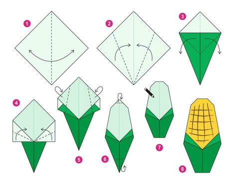 Corn origami scheme tutorial moving model. Origami for kids. Step by step how to make a cute origami vegetable. Vector illustration. Origami Vegetables, Origami For Kids, Kids Vegetables, Crafts Origami, Cute Origami, Farm Projects, Paper Crafts Origami, Art N Craft, Paper Crafts Diy Tutorials