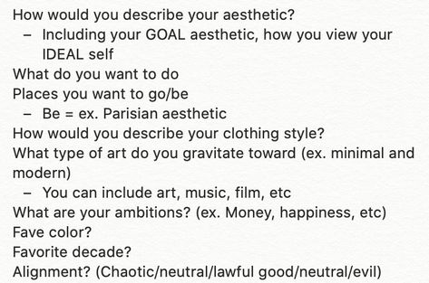 Answer these questions to create the ideal vision board for yourself based on your personality, aesthetic, taste, interests, etc. Do it as often as you want!! Questions Aesthetic, Personality Aesthetic, Parisian Aesthetic, Chaotic Neutral, Describe Yourself, Ask Questions, What Type, Types Of Art, Create Yourself