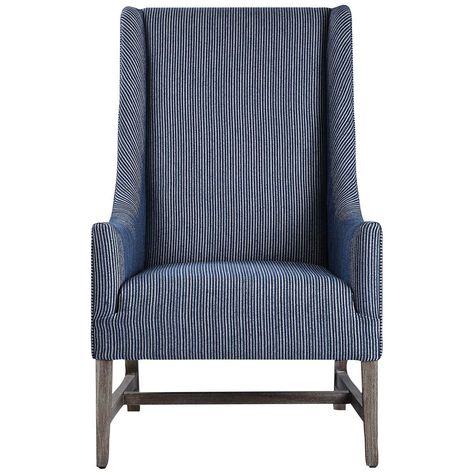 Painted Fox Home, Wingback Accent Chair, Blue Accent Chairs, Blue Armchair, Blue And White Fabric, Blue Hill, Sleeper Chair, Striped Fabric, Wingback Chair