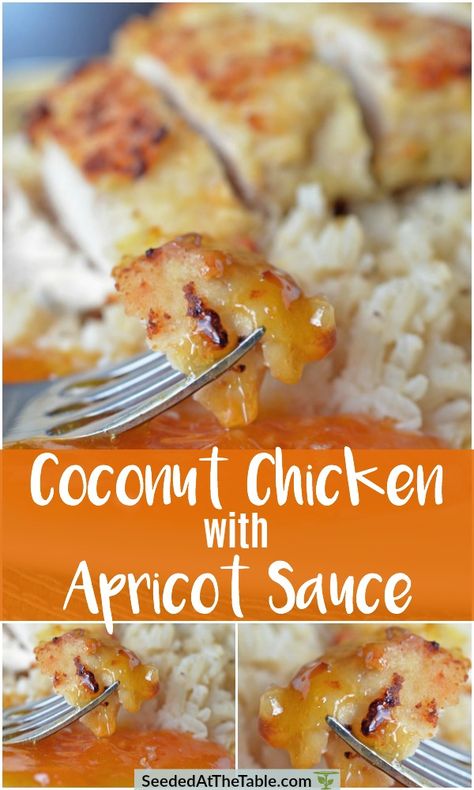 This Coconut Chicken with Apricot Sauce comes together in a SNAP! The chicken is simply coated in a crispy coconut crust, then served with a 2-ingredient sweet and sour apricot sauce. A perfect QUICK weeknight dinner! Meat With Sauce Recipes, Apricot Sauce For Chicken, Coconut Chicken Sauce, Apricot Recipes Dinner, Apricot Chicken Breast, Apricot Sauce, Coconut Crust, Chicken Entree, Chicken Lickin