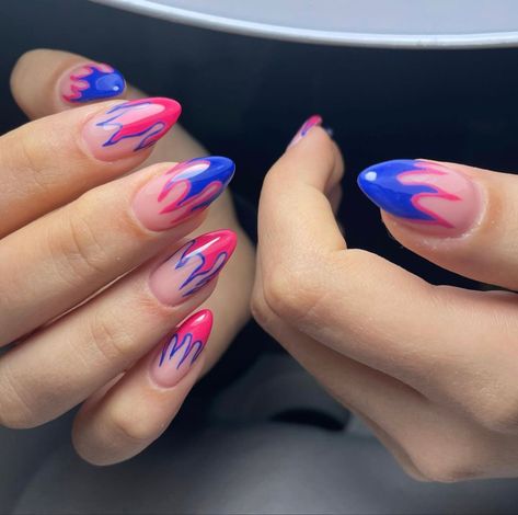 Pink Blue Nail Designs, Blue And Hot Pink Nails, Pink Flames Nails, Blue And Pink Nail Designs, Hot Pink And Blue Nails, Pink Flame Nails, Flames Nails, Pink Blue Nails, Pink Flames