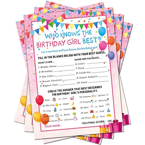 PRICES MAY VARY. Packing includes: who knows the birthday girl best game set includes 50 game cards; Each guest guesses the answers that the birthday girl would choose so that you'll learn some fun facts about the special birthday girl Easy to play: the birthday girl game cards arrive ready to hand out and play, it's easy to write your answers on; Fill in the blank and multiple choices questions for friends to answer about the birthday girl Wide application: the birthday game is a great party ac Girls Birthday Party Games, Birthday Party Activity, Birthday Party Games For Kids, Cake Aesthetic, Birthday Activities, Birthday Party Activities, 10th Birthday Parties, Kids Party Decorations, Confetti Party