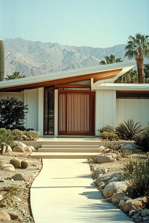 Mid-century modern house with slanted roof and wooden entryway. Get ready for a sun-soaked adventure in Palm Springs’ mid-century marvels, where sleek design meets desert vibes and retro never looked so cool! Modern House Slanted Roof, Mid Century Modern Blueprint, Mid Century Home Architecture, 1950s Mid Century Modern Home Exterior, Post Modern Architecture House, Mid Century Modern Floor Plan, Midcentury Modern Home Exterior, Mid Century Modern Exterior Design, Mid Century Driveway