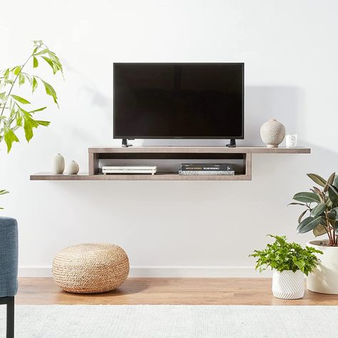 Tv Unit Floating Shelves, Tv Unit Floating, Wall Mounted Tv Bedroom, Minimal Tv Stand, Mounted Tv Console, Mounted Tv Decor, Mounted Tv Unit, Wall Mounted Tv Decor, Wall Mounted Tv Console